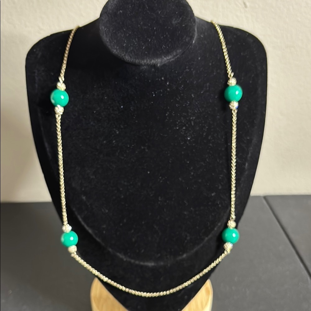 Ann Taylor Gold Green Beaded Rhinestone Long Necklace Chain